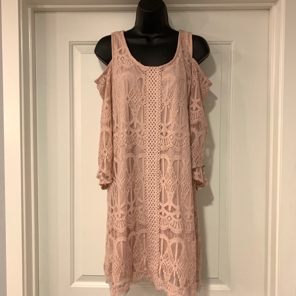 Pink lace midi cocktail dress with bell sleeves